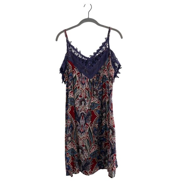 Xhiliration Navy Floral Print Lace-Trimmed Sleeveless Dress L Off Shoulder Boho - Picture 1 of 6